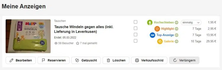 Anzeige auf eBay Kleinanzeigen