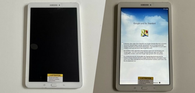 Samsung Galaxy Tab E im ausgeschalteten und eingeschalteten Zustand