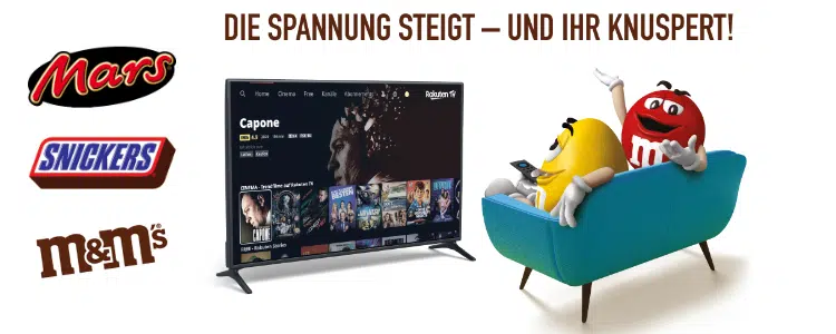 Logos von Mars, Snickers und M&M's; M&M's schauen Fernsehen