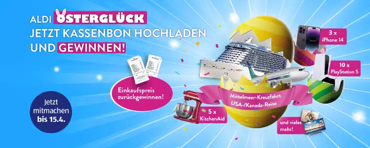 Aldi Gewinnspiel: Osterglück; Osterei öffnet sich und zeigt verschiedene Gewinne