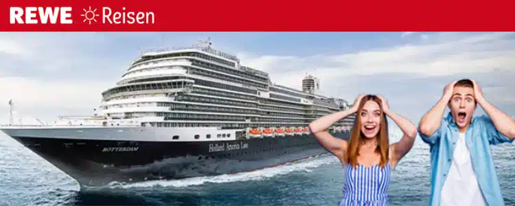 Rewe Reisen; zwei erfreute Menschen; Kreuzfahrtschiff