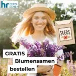 HR-Logo; Blumensamen; blonde, fröhliche Frau trägt Blumen