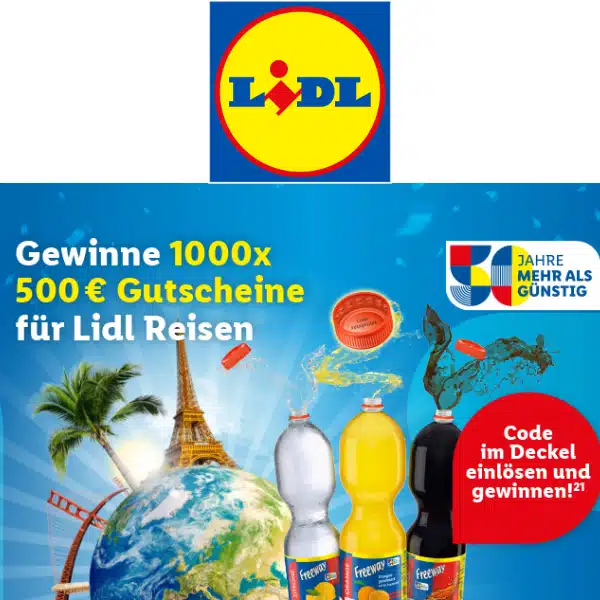 Lidl Gewinnspiel Code im Deckel eingeben & 500€ Reisegutschein gewinnen