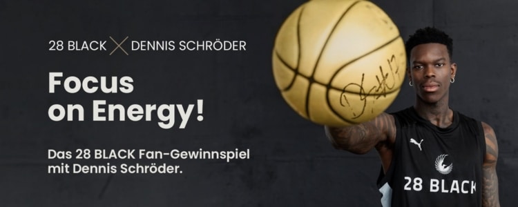 28 BLACK verlost von Dennis Schröder per Hand signierte goldene Basketbälle inkl. 28 BLACK Mixed-Tray