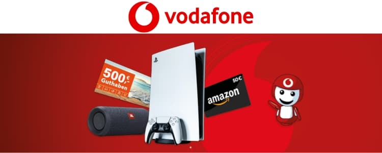 Vodafone Gewinnspiel; Chance auf Reise- und Amazon-Gutscheine, PlayStation 5, Lautsprecher von JBL