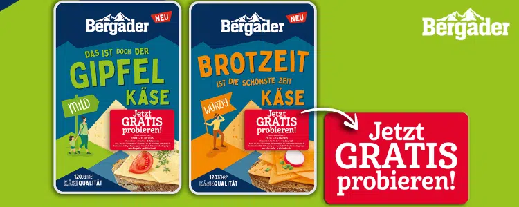 Bergader gratis testen; Gipfelkäse in zwei unterschiedlichen Sorten
