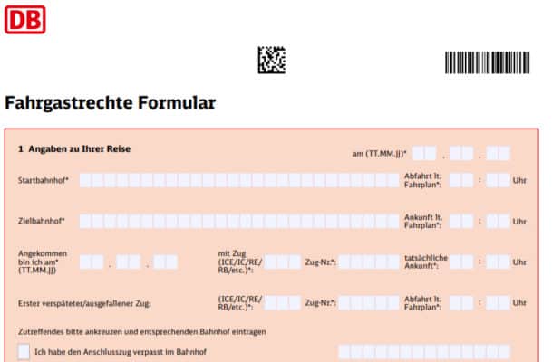 Fahrtgastrechte-Formular der Deutschen Bahn