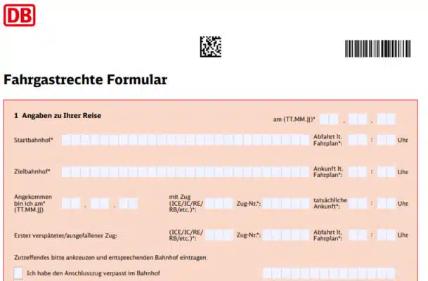 Fahrtgastrechte-Formular der Deutschen Bahn