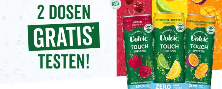 Volvic Spritz Touch in drei Sorten; Text: 2 Dosen gratis testen
