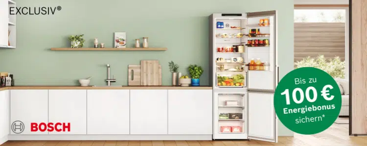 100€ Energiebonus von Bosch; moderne Küche im Hintergrund