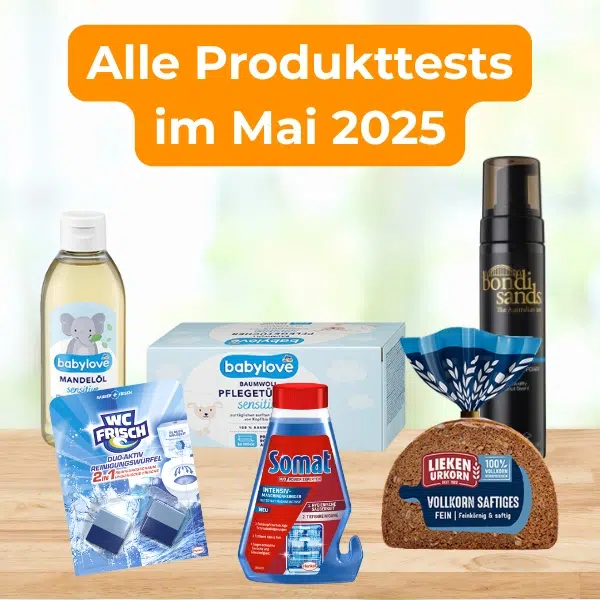 Verschiedene Produkte auf einem Tisch; Produkttests im Mai 2025
