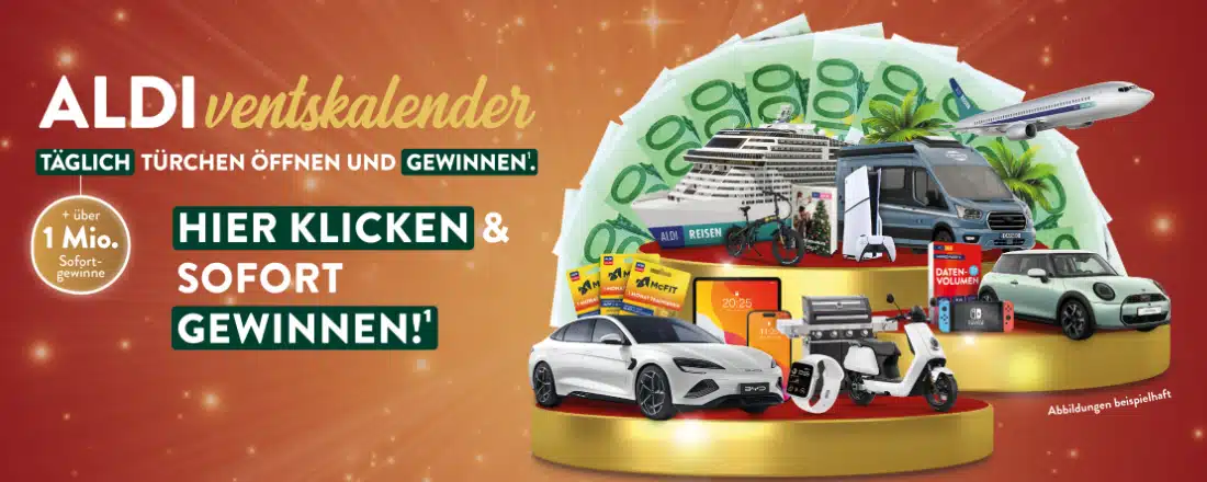 Aldiventskalender 2024; verschiedene Preise wie Bargeld, Autos, Reisen