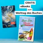 Zwei Buchcover, eines mit dem Titel "Awoken" und das andere "Bom Dia, Morte!", neben dem Text "GRATIS eBooks zum Welttag des Buches".