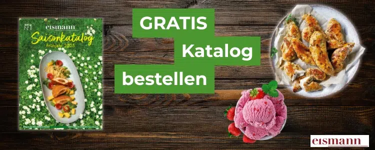 Eisermann bietet die kostenlose Bestellung ihres aktuellen Saisonkatalogs (Frühjahr/Sommer 2025) an. Das Bild zeigt den Katalog neben verschiedenen Eisermann-Produkten und Gerichten.