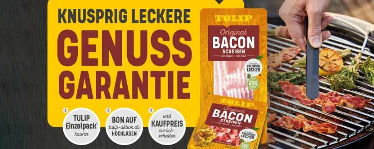 Bacon von Tulip; Scheiben und Streifen; Grill im Hintergrund