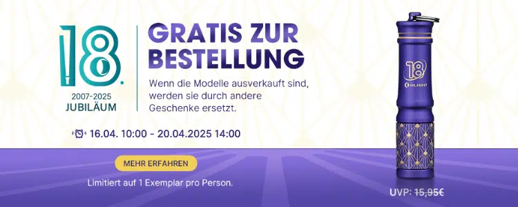 Gratis Taschenlampe bei Olight; lila Lämpchen