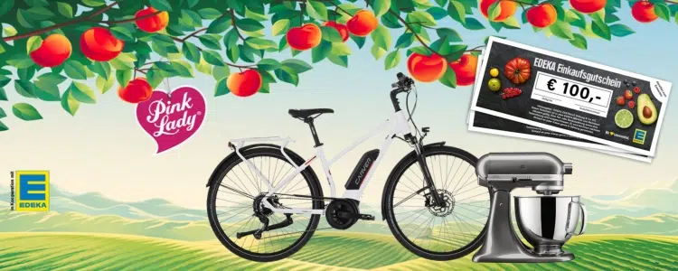 Gewinnspiel von Pinklady; Fahrrad, KitchenAid-Küchenmaschine und Edeka-Gutscheine vor einem Apfelbaum im Comic-Stil