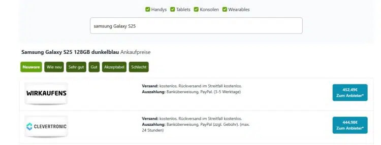 Samsung Galaxy S25 bei werzahltmer.de