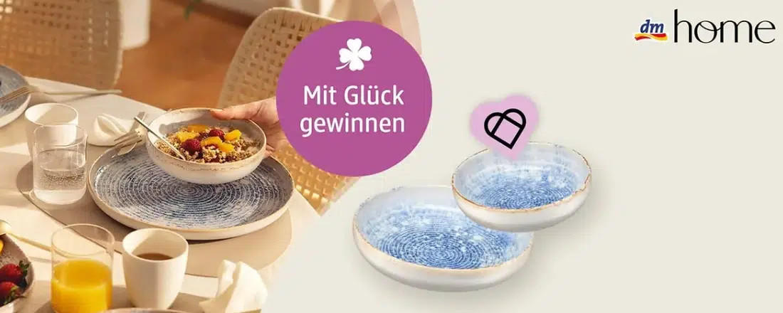 dm home Logo; Geschirr; Badge "mit Glück gewinnen"