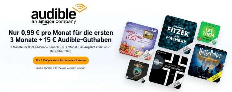 Audible; Hörbücher; 3 Monate für je 0,99€ + 15 € Guthaben