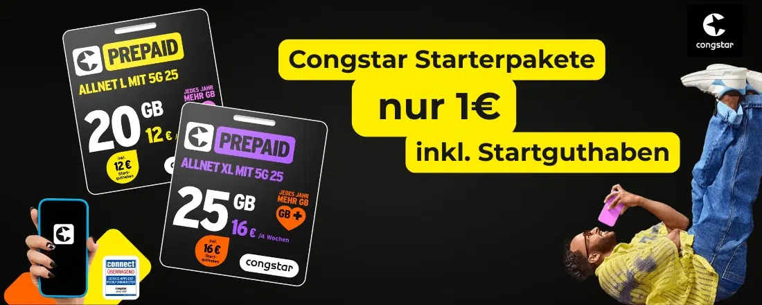 Auf einem dunklen Hintergrund sind zwei Congstar Prepaid-Karten abgebildet, eine mit "20 GB" und die andere mit "25 GB". Daneben steht in gelber Schrift "Congstar Starterpakete nur 1€ inkl. Startguthaben". Links hält eine Hand ein Smartphone mit dem Congstar Logo. Rechts ist eine Person angedeutet, die ein Handy benutzt.