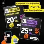 Zwei Congstar Prepaid-Karten, "Allnet L mit 5G 25" mit 20 GB und "Allnet XL mit 5G 25" mit 25 GB, werden beworben. Darüber steht "Congstar Starterpakete nur 1€ inkl. Startguthaben". Links hält eine Hand ein Smartphone mit dem Congstar Logo.