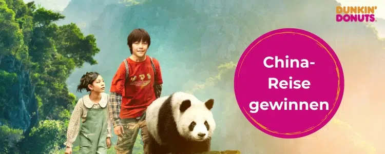 Dunkin' Donuts-Logo; Junge und Mädchen neben Panda