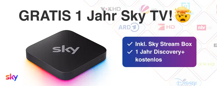 Eine schwarze Sky Stream Box mit dem Sky Logo ist abgebildet. Darüber steht in großer Schrift 
