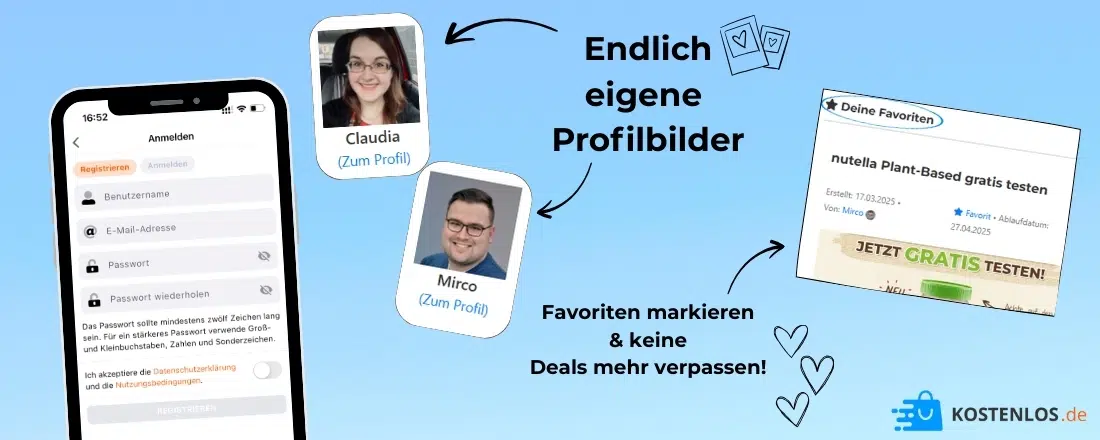 Kostenlos.de-Anmeldung auf einem Smartphone; Profilbilder von Claudia und Mirco; Kostenlos.de-Logo