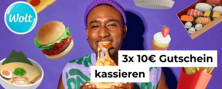 Mensch wird von Essen umringt; Wolt-Logo
