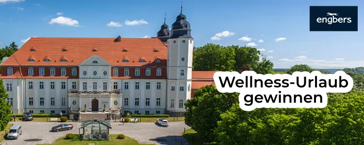 Hotel im Hintergrund; Logo von engbers; Wellness-Urlaub gewinnen