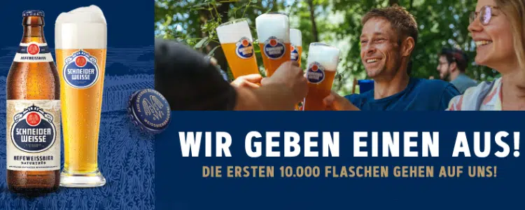 Schneiders Weisse gratis testen; Bierflasche neben einem Bierglas