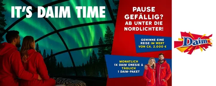 Daim-Gewinnspiel; Chance auf Reisegutschein, Daim-Pakete & Onesie