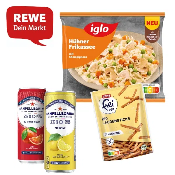 Produkttester bei REWE werden; iglo Fertiggericht, Laugensticks; San Pellegrino limonade