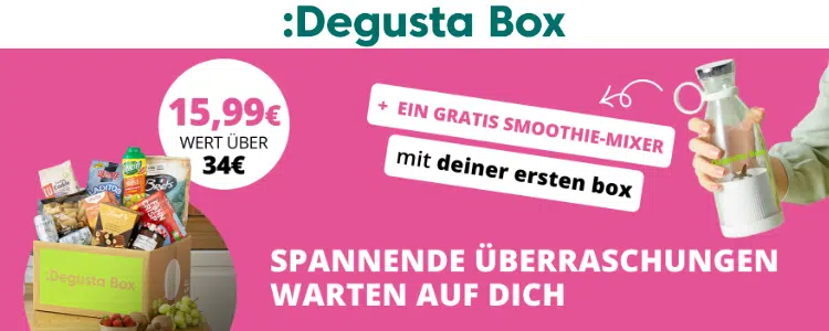 DegustaBox auf rechter Bildseite; Smoothie-Mixer auf linker Seite; Beschreibung des Angebots in der Mitte