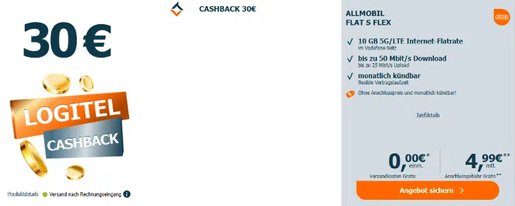 30€ Cashback bei logitel erhalten; Handytarif für 4,99€