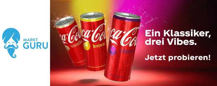 Marktguru-Logo; Coca-Cola-Dosen in drei Geschmacksrichtungen