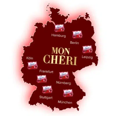 Deutschland-Karte mit Mon Chéri-Pralinen an verschiedenen Orten