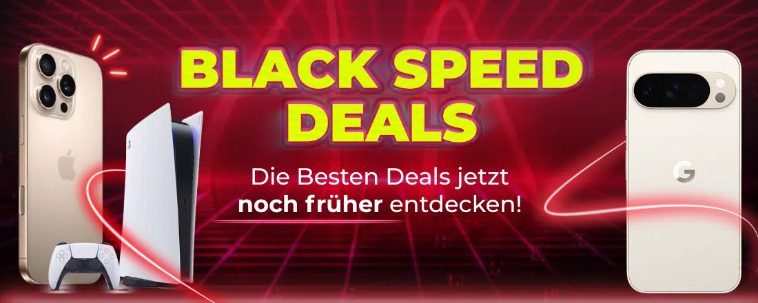 Black Speed Deals in gelber Schrift vor rotem Hintergrund