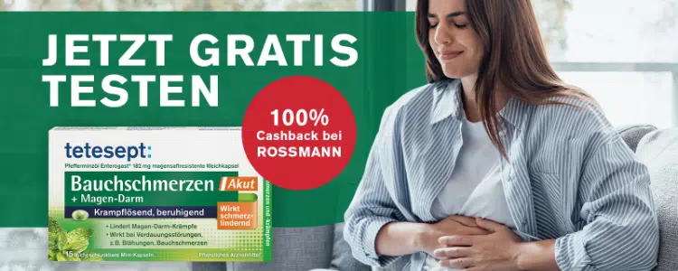 tetesept Bauchschmerzen; Frau hält sich den Bauch; Geld-zurück-Aktion