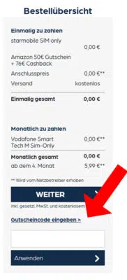 Gutscheincode bei starmobile eintragen