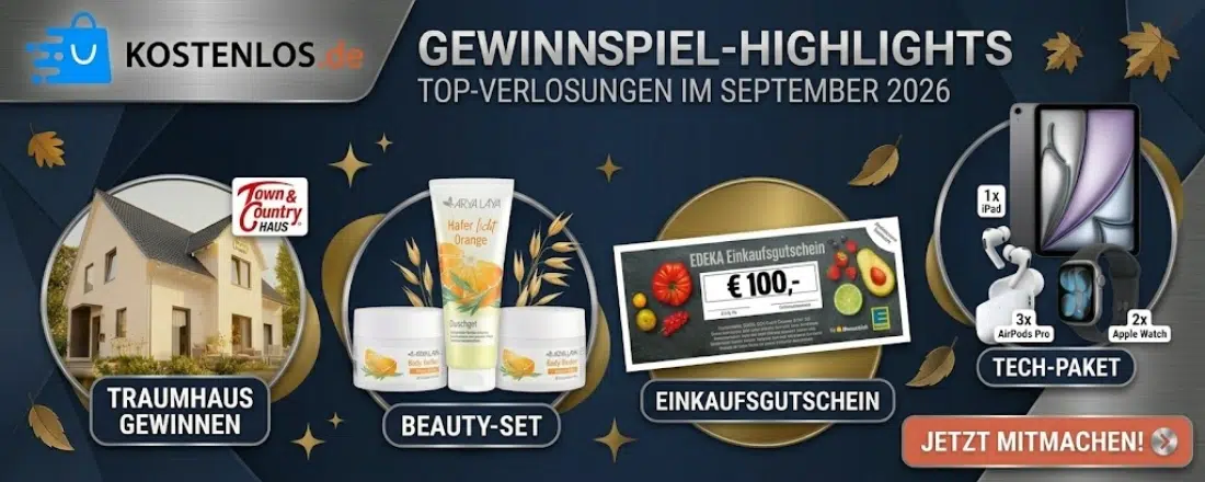 September-Gewinnspiele bei Kostenlos.de aufgelistet
