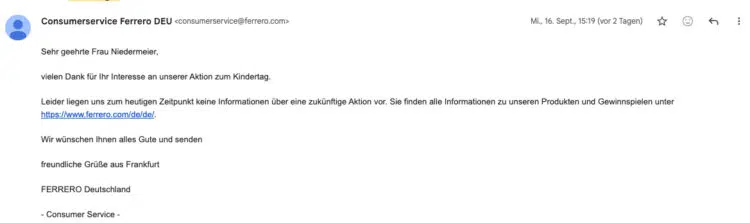 Aussage zum Weltkindertag von Ferrero
