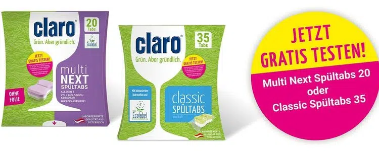 Spülmaschinentabs von claro gratis testen